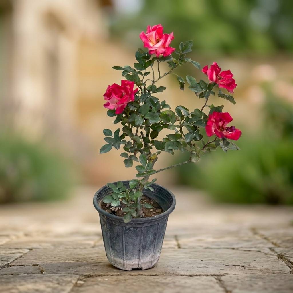 گلدان گل رز باغچه ای رنگ قرمز